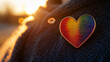 © SashaMagic - Rainbow heart badge on knit sweater in warm sunlight.