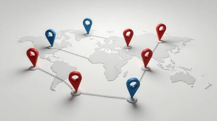 Poster - Map with red and blue location pins connected by lines, representing global network or logistics.