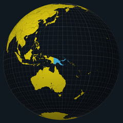 Poster - Papua New Guinea highlighted on a globe in a Charcoal Bright Yellow color palette. The map features meridians, parallels, countries, rivers, and lakes.
