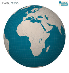 Poster - Vector Globe centered to Africa. Teal Blue Pale Pink palette. World map with meridians, parallels, countries, rivers and lakes. Elegant vector illustration.