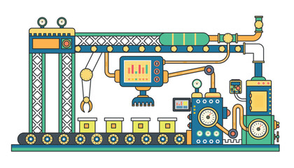 Aufkleber - Industrial conveyor belt machine and manufacture machinery factory flat line vector illustration
