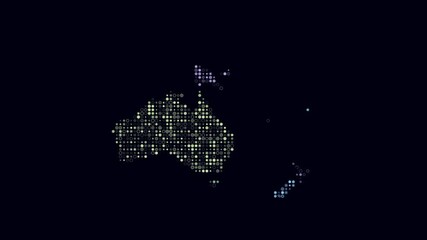 Poster - Oceania dotted animation. Shape of the continent build of pulsating colored dots. Small size circle blocks. Digital style map on dark background. Plain video.