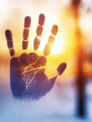 Poster - Handprint on frosted glass with a sunset backdrop, capturing a moment of isolation and reflection