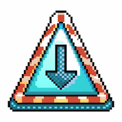Poster - Pixel art down arrow warning sign retro digital video game style, triangle hazard symbol, isolated blue direction icon