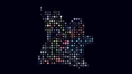 Poster - Angola dotted animation. Shape of the country build of pulsating colored dots. Large size circle blocks. Digital style map on dark background. Beautiful video.