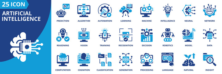 Poster - artificial intelligence icon set collection in dual tone style. an icon pack contain machine, learning, algorithm, neural, network, automation, intelligence, prediction, recognition, decision