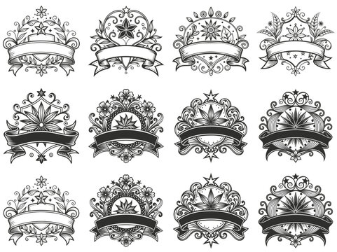Set of ribbon silhouette vector illustration isolated on white background.
