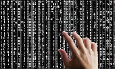 hand interacting with white alphanumeric data stream on black digital screen