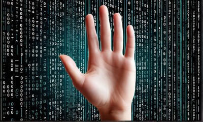 hand reaching through falling digital code teal and white technological background