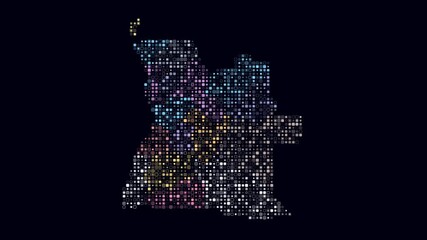 Poster - Angola dotted animation. Shape of the country build of pulsating colored dots. Small size rounded square blocks. Digital style map on dark background. Vibrant video.