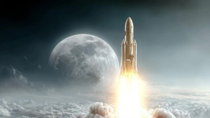 Poster - A futuristic space landscape. A rocket takes off from Earth, carrying human civilization into space. The background is cloudy and foggy, smoke rising up. In front of it stands a huge full moon.
