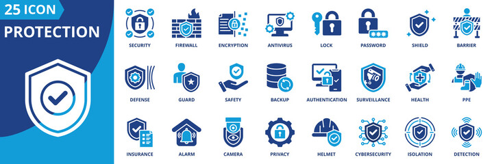 Poster - protection icon set collection in dual tone style. an icon pack contain security, firewall, encryption, antivirus, lock, password, shield, barrier, defense, guard