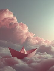 Poster - Isolated Paper Boat Adrift on Soft, Stormy Gradient Clouds Under a Serene Sky at Twilight