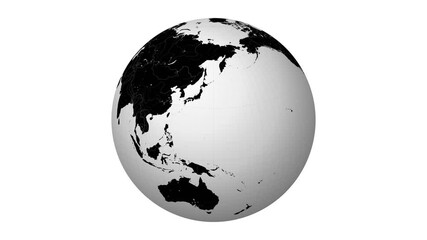 Poster - Spinning Globe. White Black color palette. Planet rotation animation. World map with meridians, parallels, countries, rivers and lakes. Neat video.