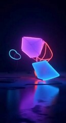 Poster - Neon Geometric Shapes on a Reflective Surface in a Dark Room with Purple Lighting
