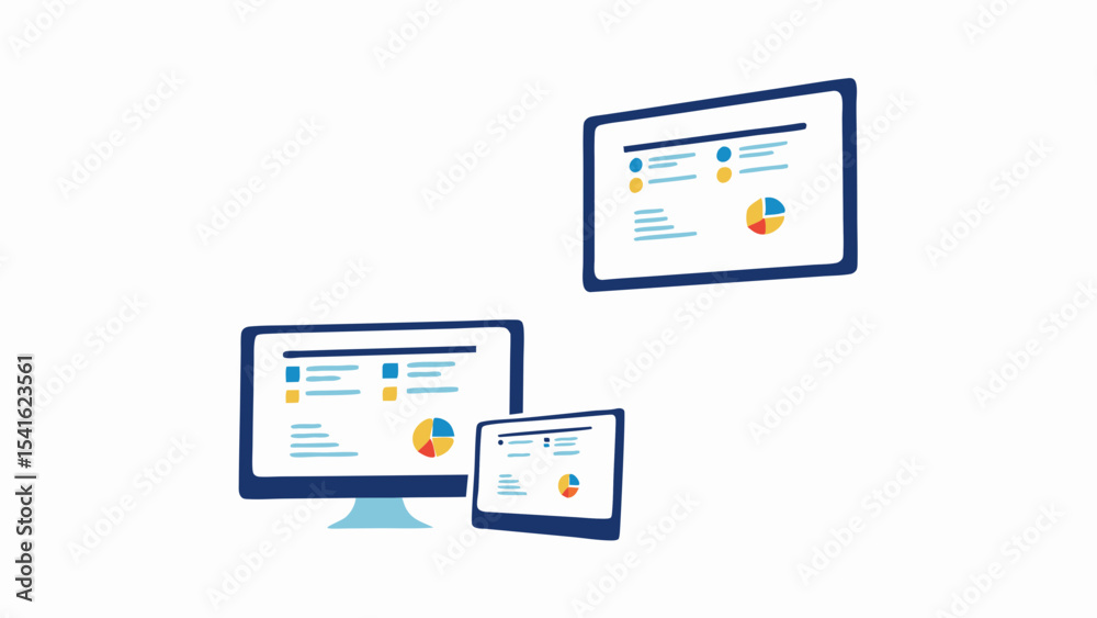 Three screens displaying data visualizations including pie charts and ...