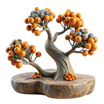 Stylized bonsai tree with orange and gray fruit isolated on transparent background