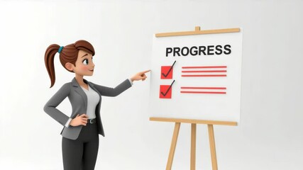 Poster - A female cartoon presenter in business attire points at a progress checklist on an easel with check marks.