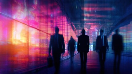 Poster - Business professionals walking through a vibrant corridor with colorful reflections at dusk