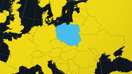 Poster - Poland on Globe. Animated zoom into the country view on the world map in Charcoal Bright Yellow color palette. Globe with meridians, parallels, countries, rivers and lakes. Vibrant video.