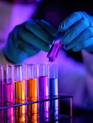 Poster - Scientist conducting an experiment with colorful liquids in test tubes under vibrant lighting