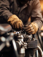 Poster - Mechanic repairing motorcycle engine in workshop with tools and soft lighting in background