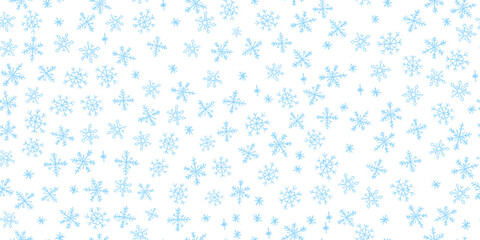 Poster - Seamless pattern of quirky Xmas blue snowflakes in wax and charcoal squiggle style. Perfect for Christmas kindergarten blackboard backgrounds, textiles, and wrapping. Vector illustration