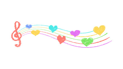 Poster - Musical key with crayon lines and hearts. Fun hand-drawn charcoal signs with stamp texture, music underline, and hearts in vibrant kindergarten color scheme. Colorful vector card illustration