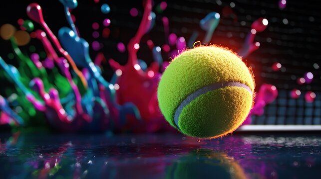 Tennis ball in flight amidst vibrant paint splashes on a dark court