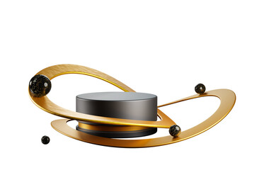 Poster - 3d render black pedestal, podium display with marble spheres balancing on gold metal wave curved rin