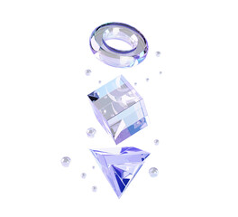 Poster - Glass transparent clear triangle, ring and cube box with soap bubbles or water drops on blue background 3d render. Flying abstract geometric shapes, crystal rainbow balancing objects