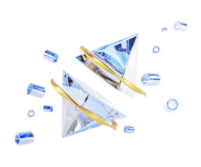 Poster - 3d render abstract geometric blue background, glass transparent clear triangles with gold rings and flying plastic tubes. Futuristic space crystal pyramids with metal frames in motion