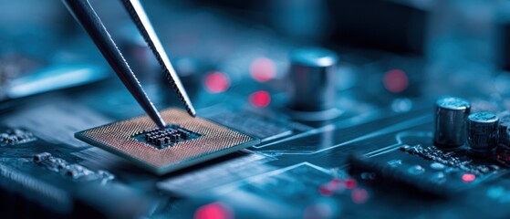 Poster - The intricate microchip being placed onto a complex circuit board.