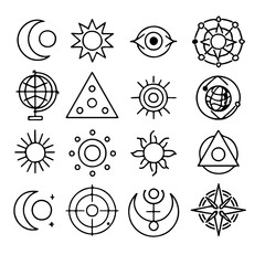 Poster - A versatile set of vector icons featuring diverse symbols like flowers, stars, gears, and decorative elements in a round, black art style