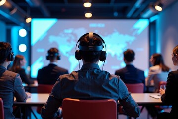 Poster - - Business Professionals Engaging in Virtual Reality at a Futuristic Conference