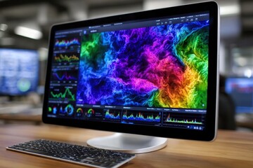 Fototapete - Colorful abstract data visualization displayed on a computer monitor in a modern workspace
