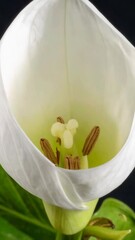 Wall Mural - Close-up of a blooming white trillium flower head, revealing interior floral structures and delicate green leaves against a dark background.