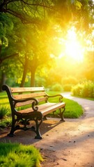 Wall Mural - Wooden bench in a park during sunset. Warm light filters through the green leaves creating a peaceful outdoor scene.