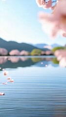 Wall Mural - Cherry blossoms floating on calm lake water with mountain scenery during sunny springtime