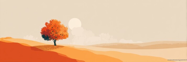 Poster - Minimalist Fall Landscape Featuring a Solitary Tree Illuminated by the Warm Glow of the Setting Sun, Symbolizing Seasonal Mental Health Changes