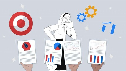 Aufkleber - Data-driven decision making and business analytics 2D animation concept. KPI analysis efficiency. Performance manager woman rubbing chin animated cartoon flat metaphor creative 4K video stop motion