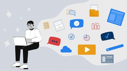 Aufkleber - Content creation in digital marketing 2D animation concept. Productivity analysis. Remote job. CMS manager. Multitasking laptop user animated cartoon flat metaphor creative 4K video stop motion