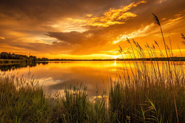 Wall Mural - Golden Sunset Over Tranquil Lake with Reeds and Reflections – Serene Nature Landscape
