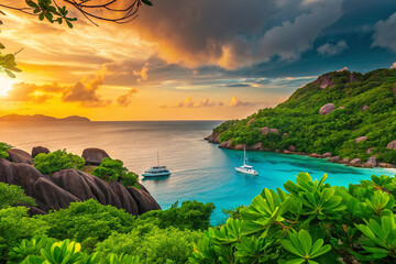 Wall Mural - Tropical Paradise Sunset Over Secluded Bay with Sailboats