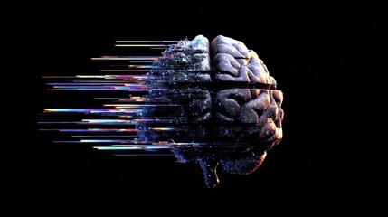 Aufkleber - Fractured Brain With Glitch Effect Set Against a Dark Gradient Background Displays an Abstract Representation of Cognitive Disruption and Digital Distortion