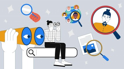 Aufkleber - Talent search and online recruitment 2D animation concept. HR manager using binoculars for top candidates, jobs headhunting agency animated cartoon flat metaphor creative 4K video stop motion