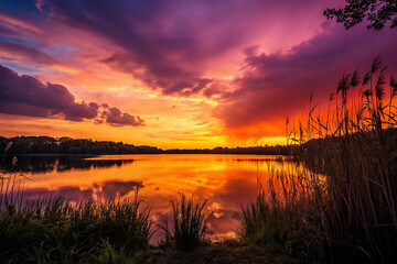 Wall Mural - Breathtaking Sunset Reflections on a Serene Lake