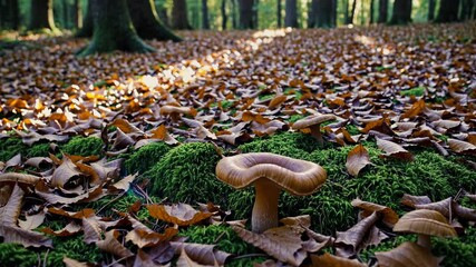 Wall Mural - soft sunlight streaming through forest canopy highlighting mushroom sprouting amid mossy ground and 