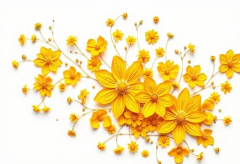 Poster - Intricate yellow floral patterns bloom across a stark white background, vibrant and abstract, lines, bold
