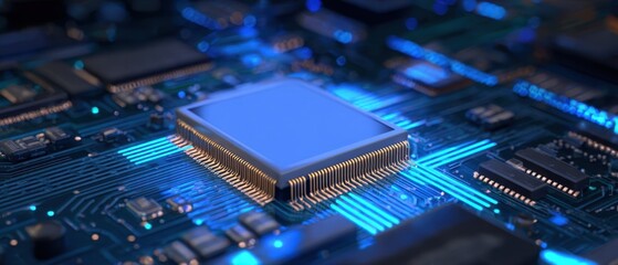 Fototapete - The microprocessor on a modern circuit board illuminated with blue light.